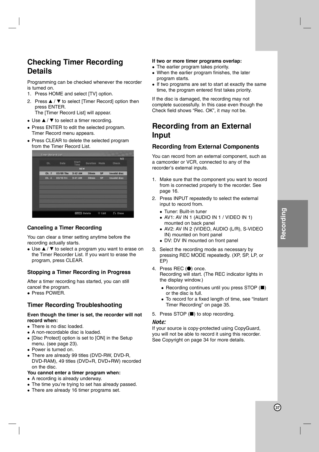 LG Electronics DR1F9H Checking Timer Recording Details, Recording from an External Input, Timer Recording Troubleshooting 