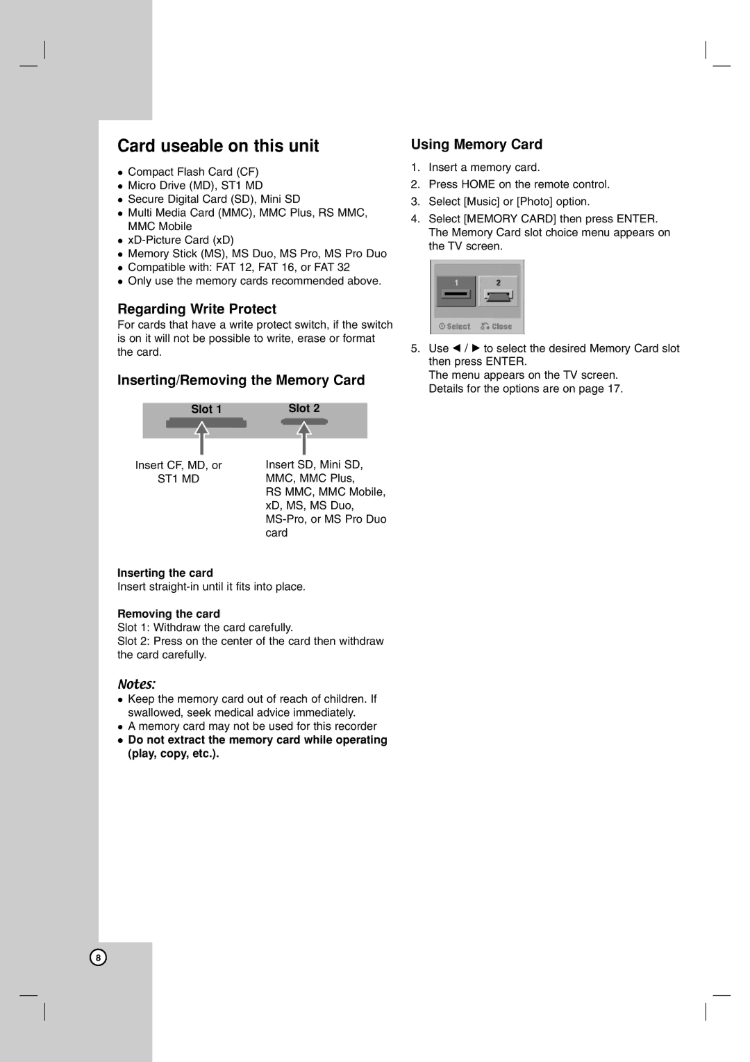 LG Electronics DR1F9H owner manual Card useable on this unit, Regarding Write Protect, Inserting/Removing the Memory Card 