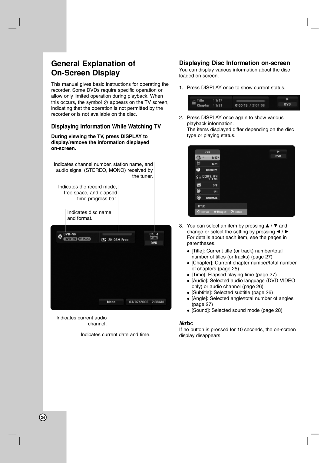 LG Electronics DR1F9H owner manual General Explanation of On-Screen Display, Displaying Information While Watching TV 