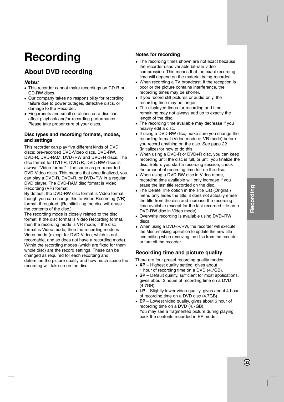 LG Electronics DR1F9H owner manual About DVD recording, Recording time and picture quality, Notes for recording 