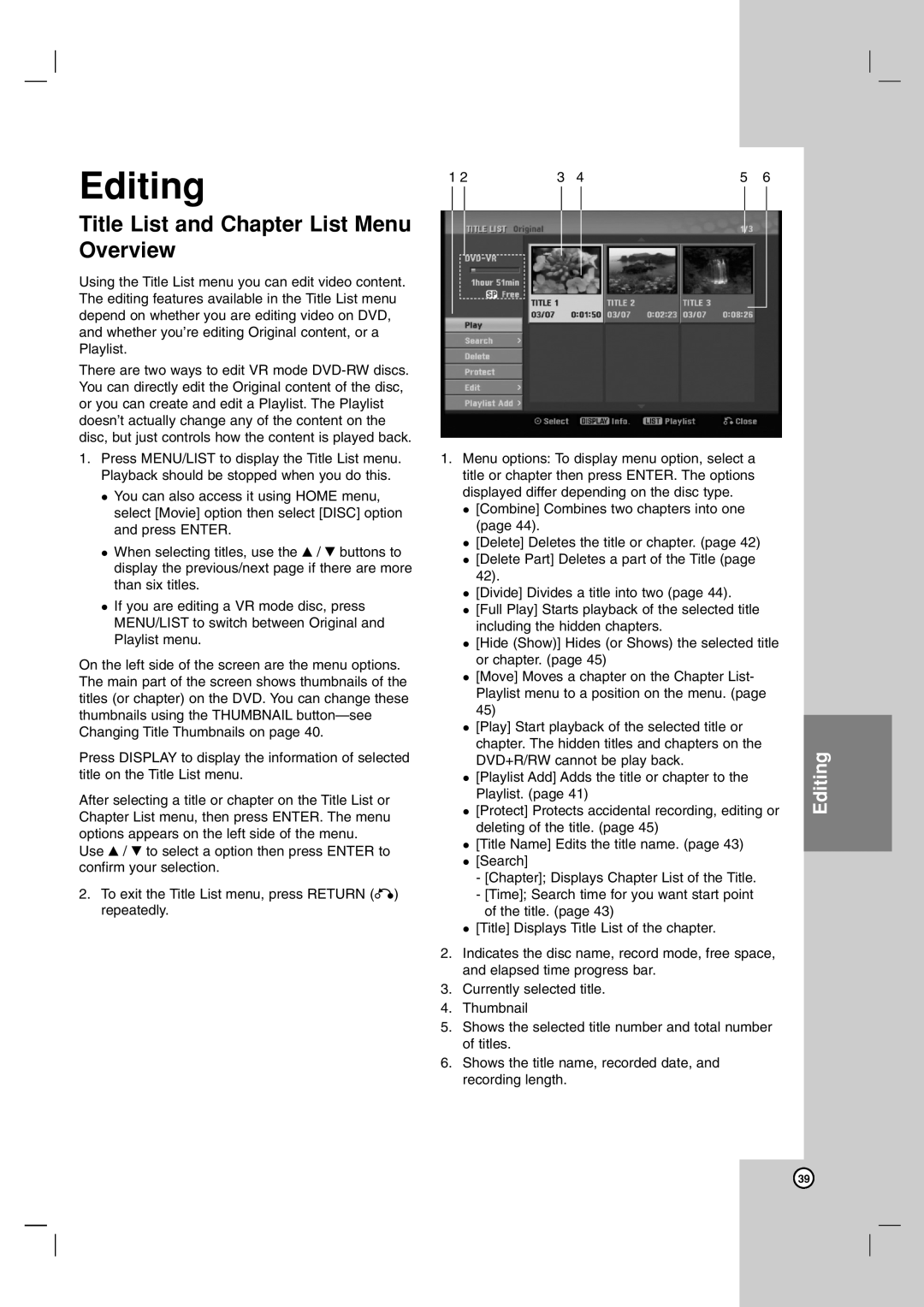 LG Electronics DR1F9H owner manual Editing, Title List and Chapter List Menu Overview 