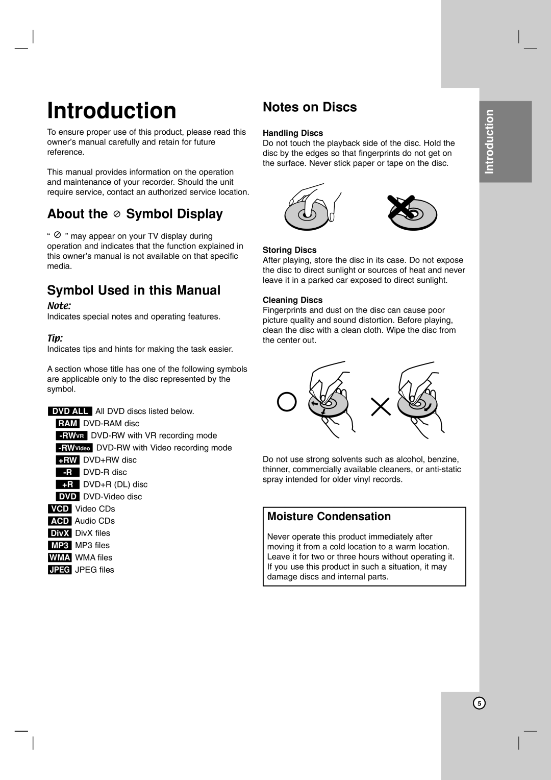 LG Electronics DR1F9H Introduction, About the Symbol Display, Symbol Used in this Manual, Notes on Discs, Handling Discs 