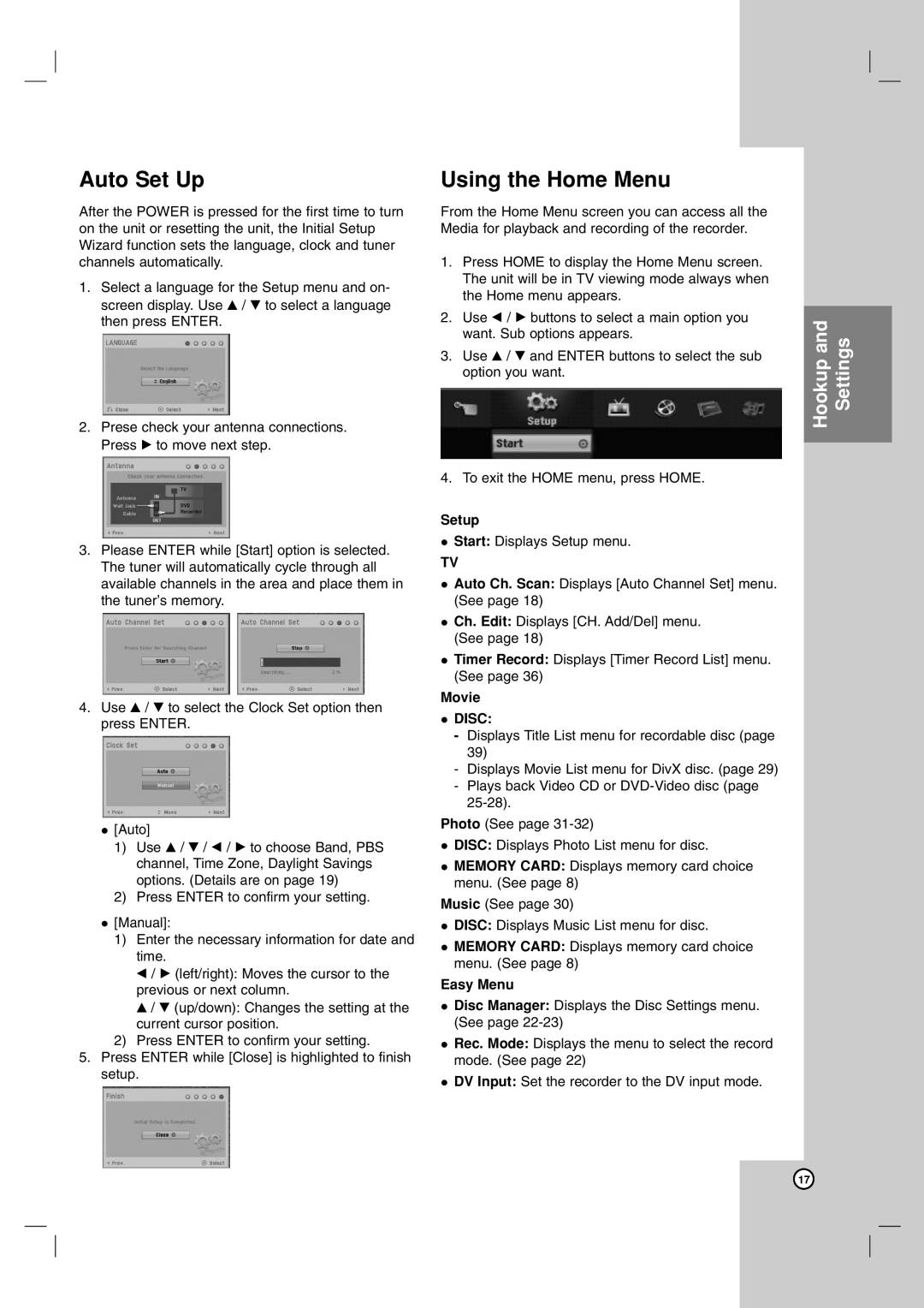 LG Electronics DR1F9M owner manual Auto Set Up, Using the Home Menu, Setup, Movie, Easy Menu 