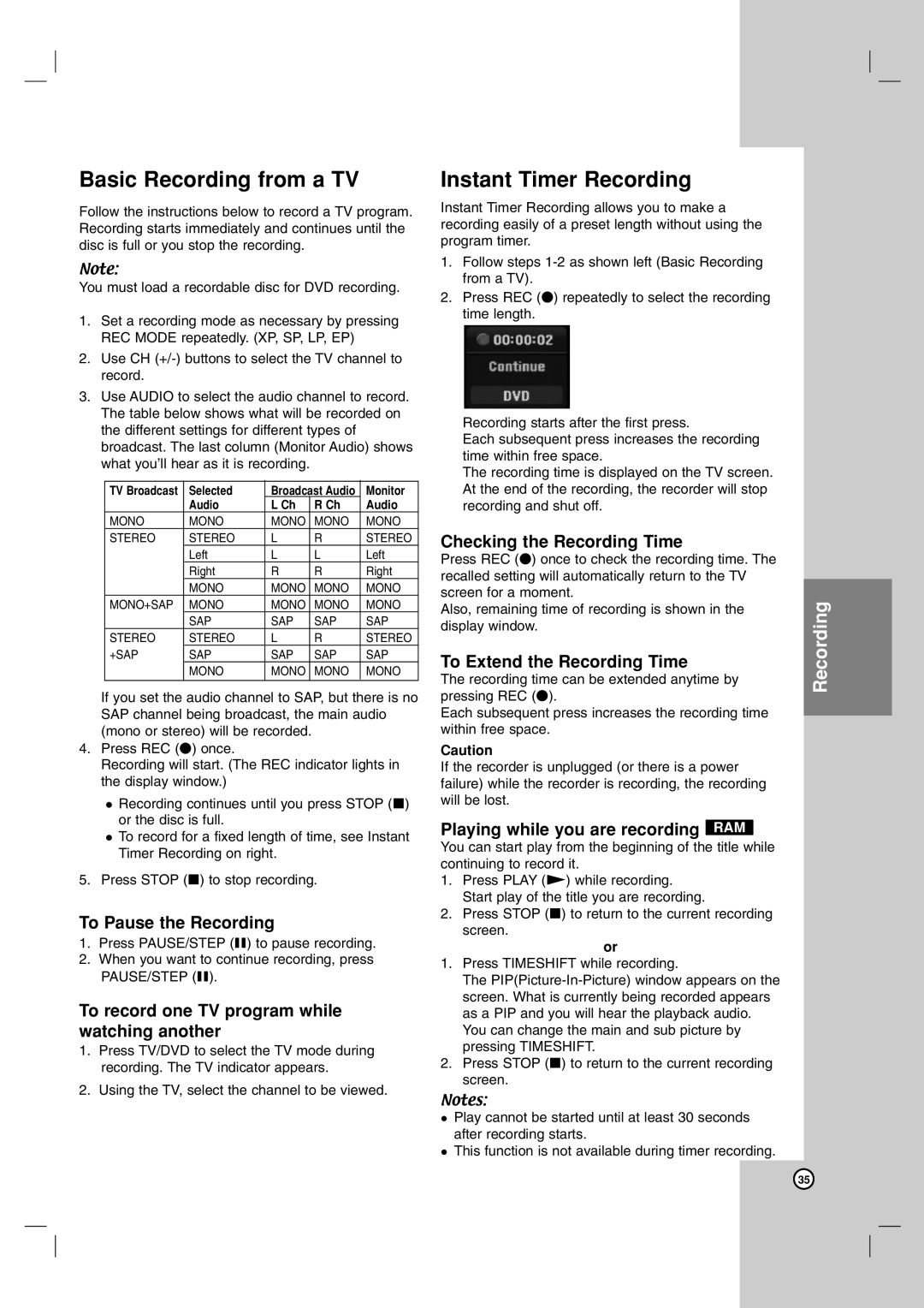 LG Electronics DR1F9M owner manual Basic Recording from a TV, Instant Timer Recording 