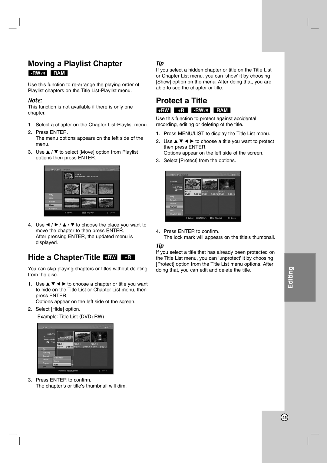 LG Electronics DR1F9M owner manual Moving a Playlist Chapter, Hide a Chapter/Title +RW +R, Protect a Title, +Rw +R -Rwvrram 