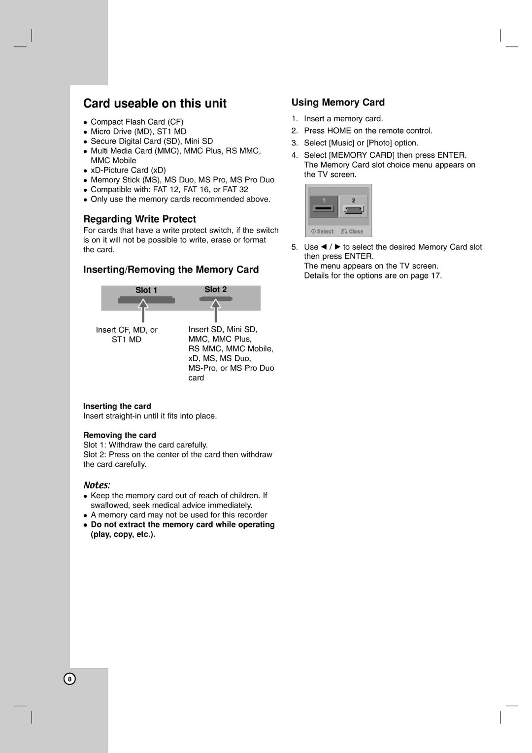 LG Electronics DR1F9M owner manual Card useable on this unit, Regarding Write Protect, Inserting/Removing the Memory Card 