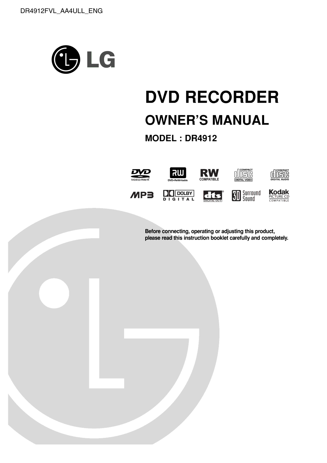 LG Electronics DR4912 owner manual DVD Recorder 