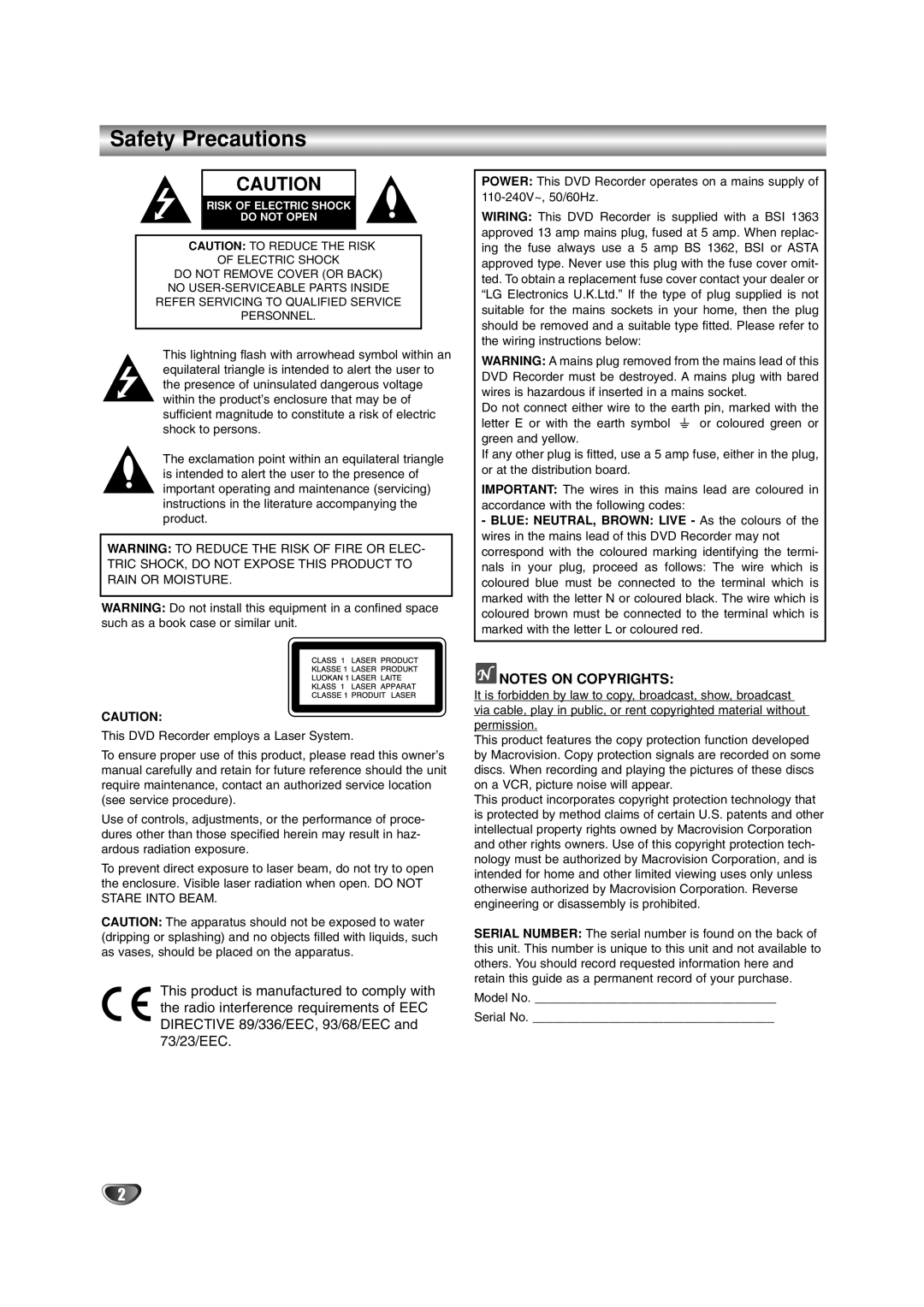 LG Electronics DR4912 owner manual Safety Precautions 