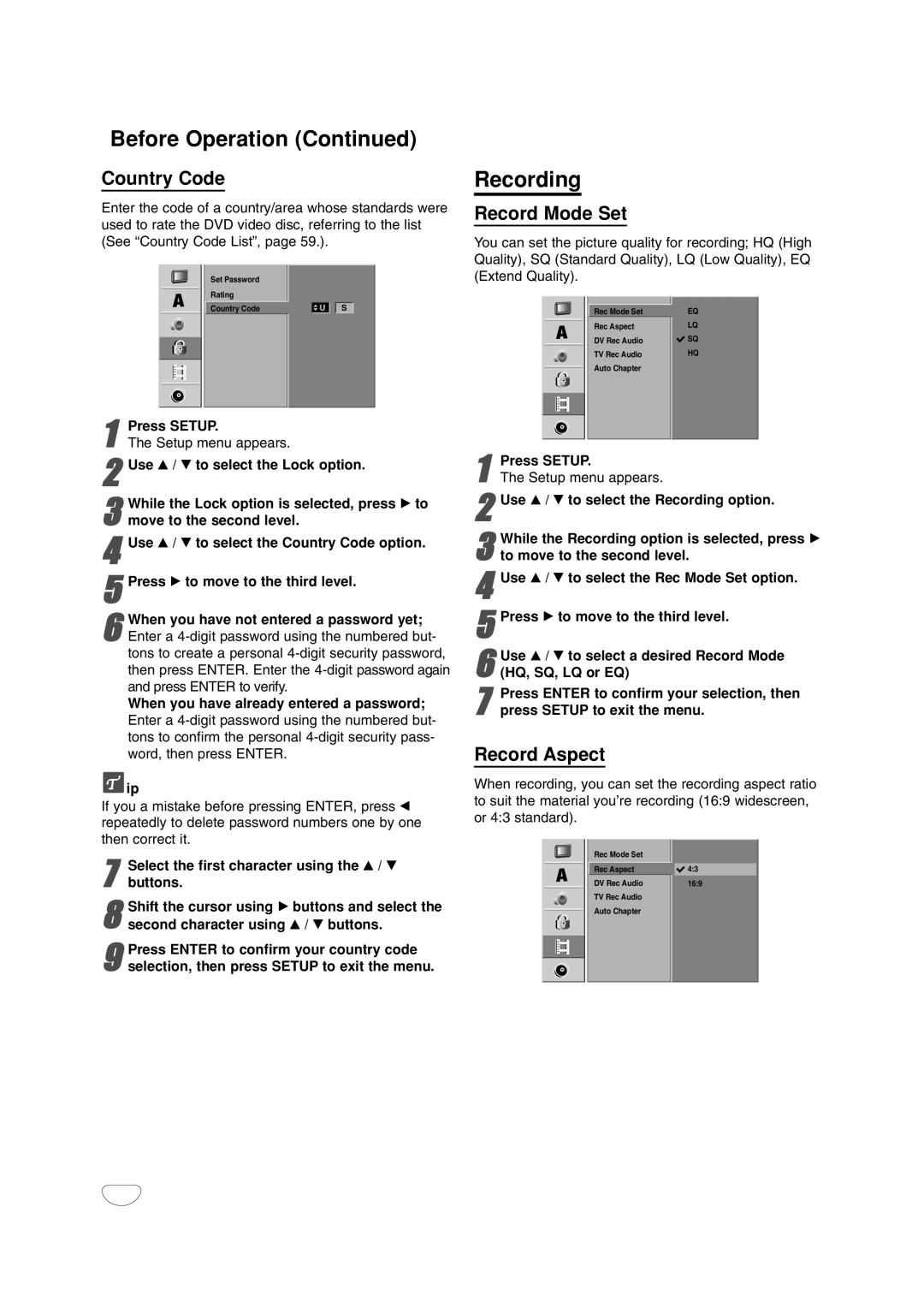 LG Electronics DR4912 owner manual Recording, Record Mode Set, Record Aspect 