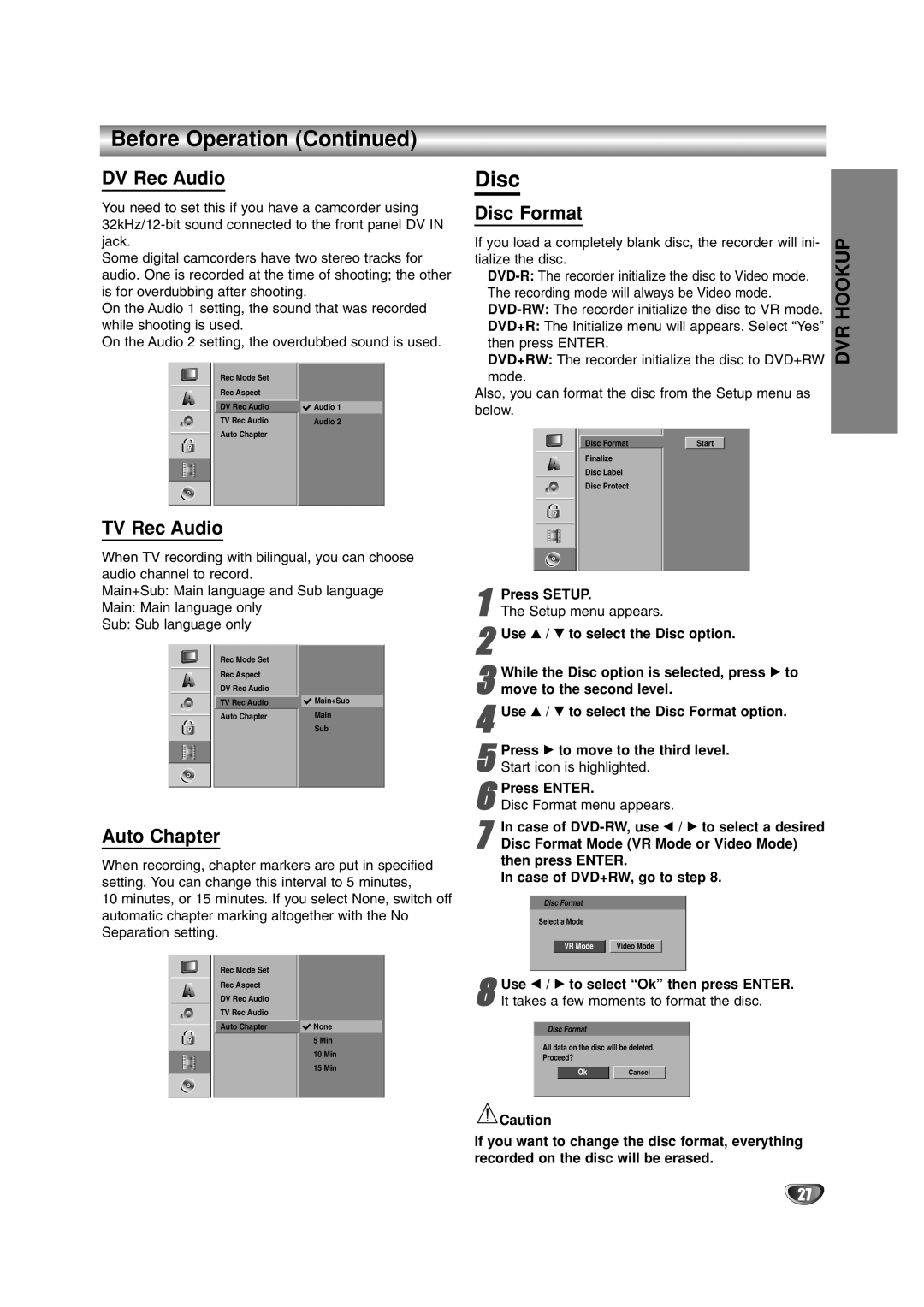 LG Electronics DR4912 owner manual DV Rec Audio, TV Rec Audio, Auto Chapter 