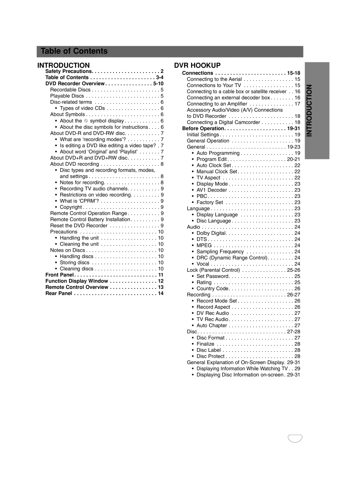 LG Electronics DR4912 owner manual Table of Contents 