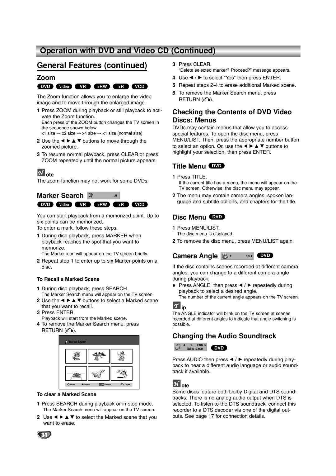 LG Electronics DR4912 Zoom, Marker Search, Checking the Contents of DVD Video Discs Menus, Title Menu DVD, Disc Menu DVD 