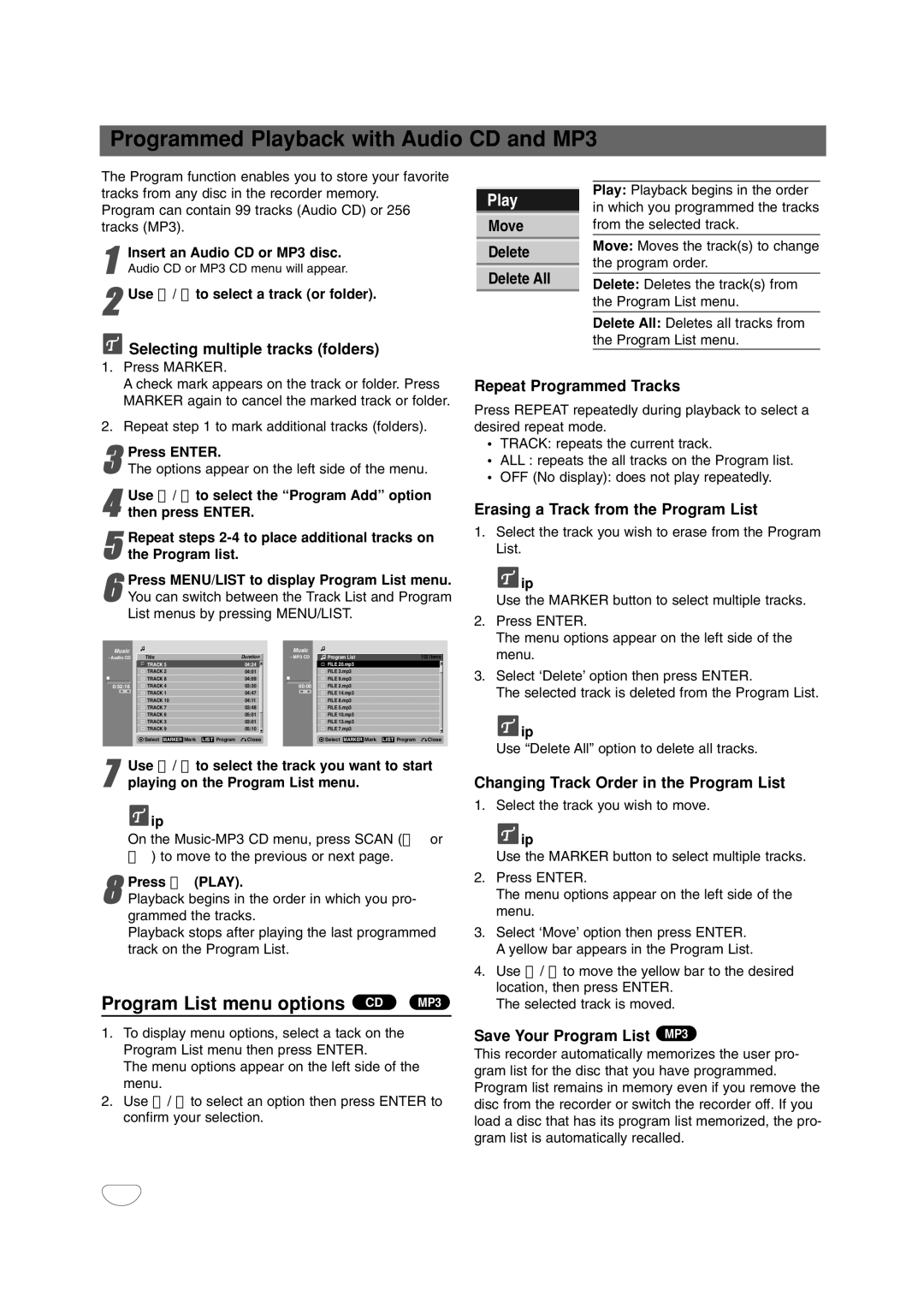 LG Electronics DR4912 owner manual Programmed Playback with Audio CD and MP3, Program List menu options CD MP3 