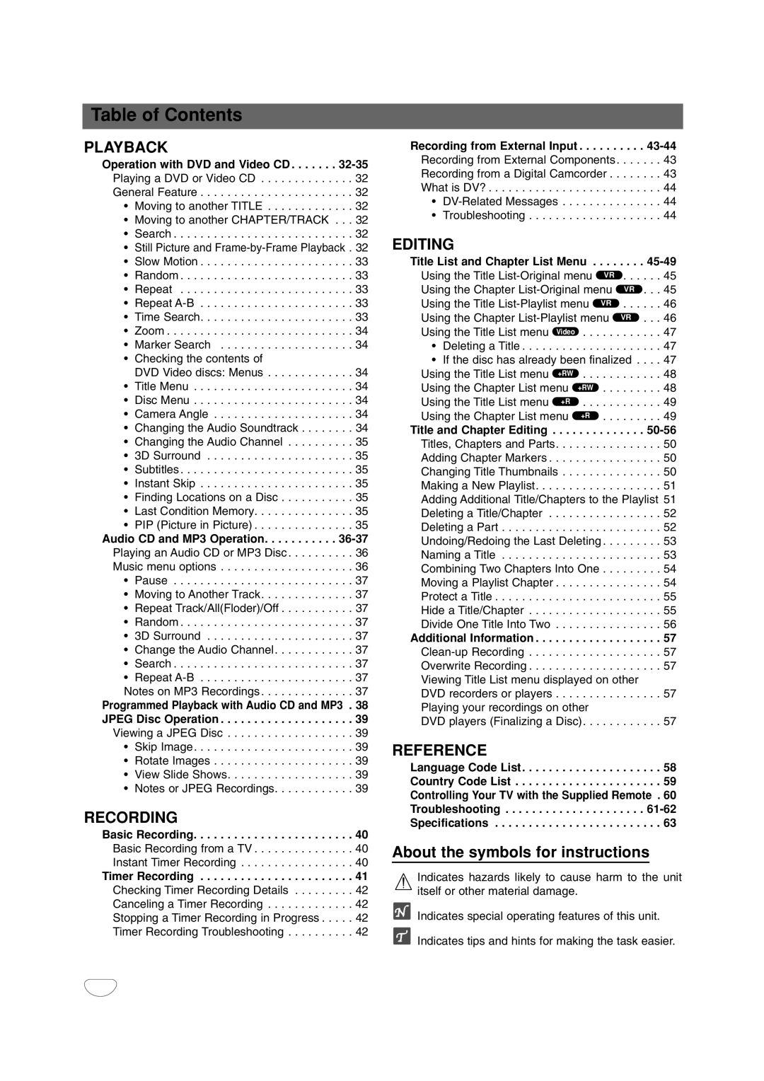 LG Electronics DR4912 owner manual About the symbols for instructions 