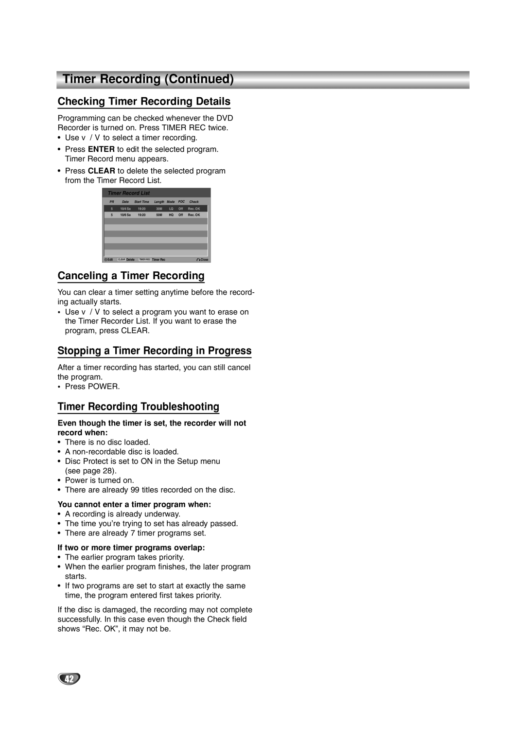 LG Electronics DR4912 Checking Timer Recording Details, Canceling a Timer Recording, Timer Recording Troubleshooting 