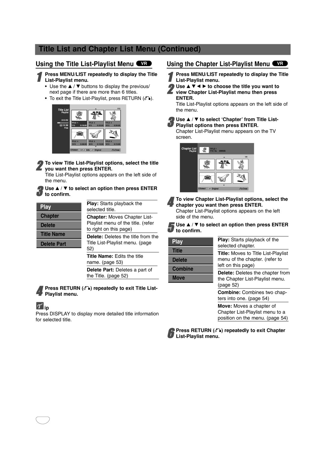 LG Electronics DR4912 Using the Title List-Playlist Menu VR, Using the Chapter List-Playlist Menu VR, Title Name 