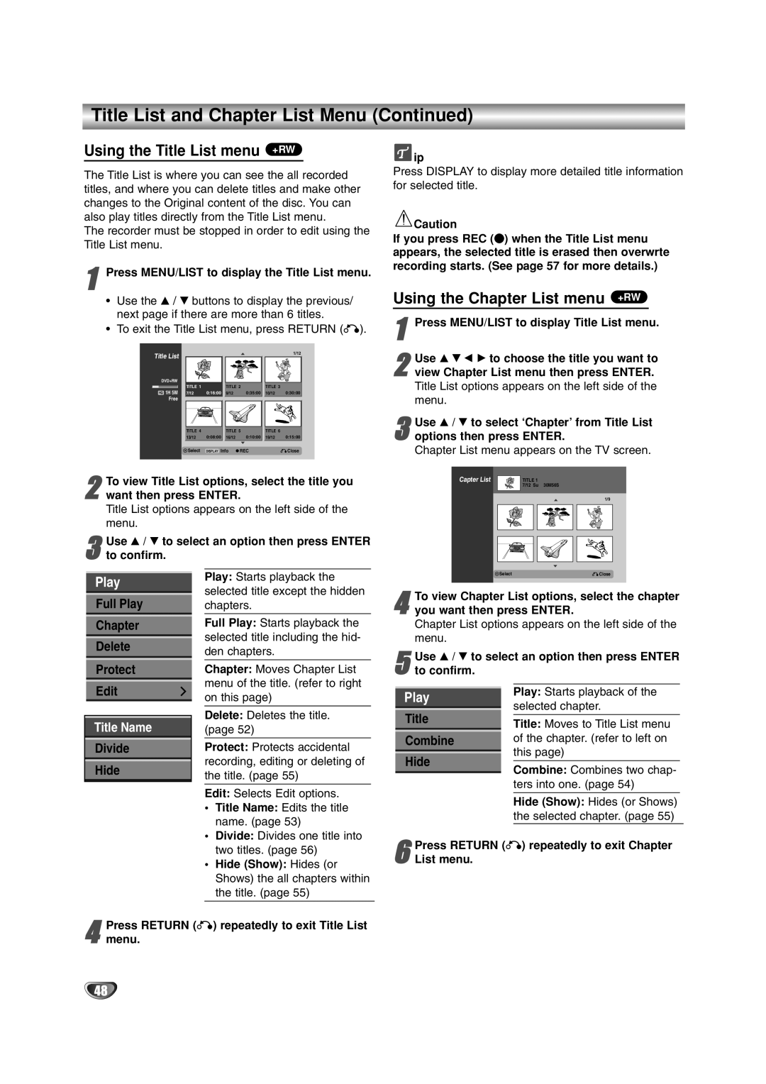 LG Electronics DR4912 owner manual Using the Title List menu +RW, Using the Chapter List menu +RW 