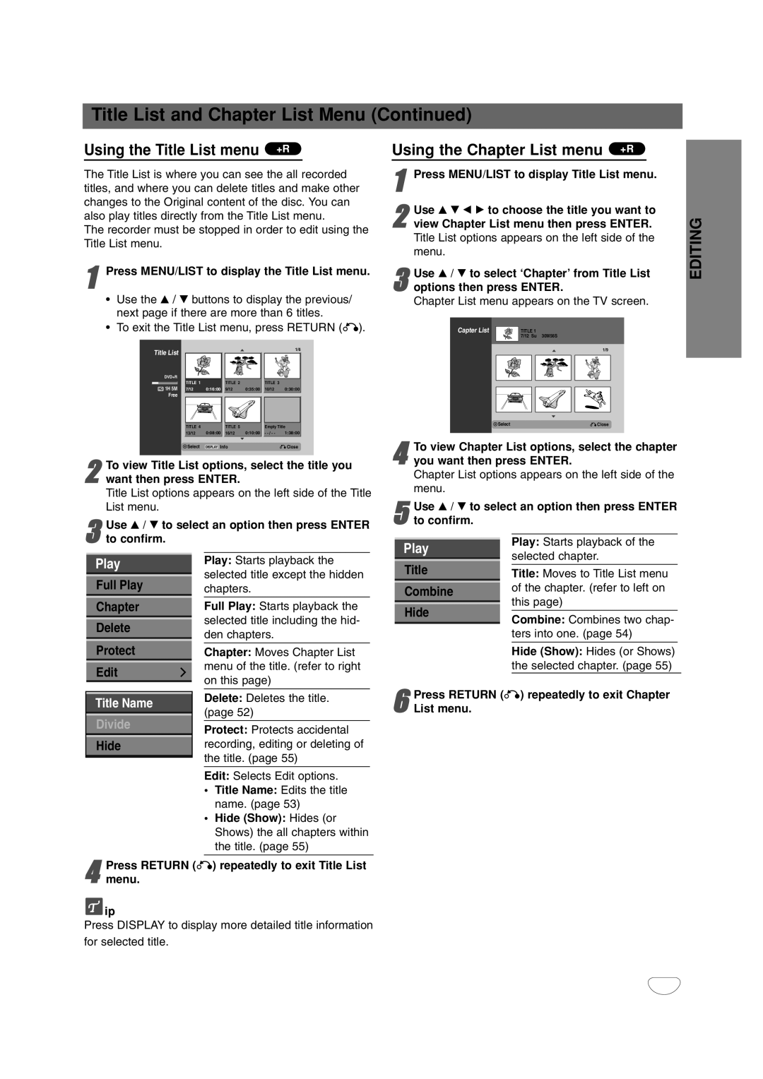 LG Electronics DR4912 owner manual Using the Title List menu +R, Using the Chapter List menu +R 