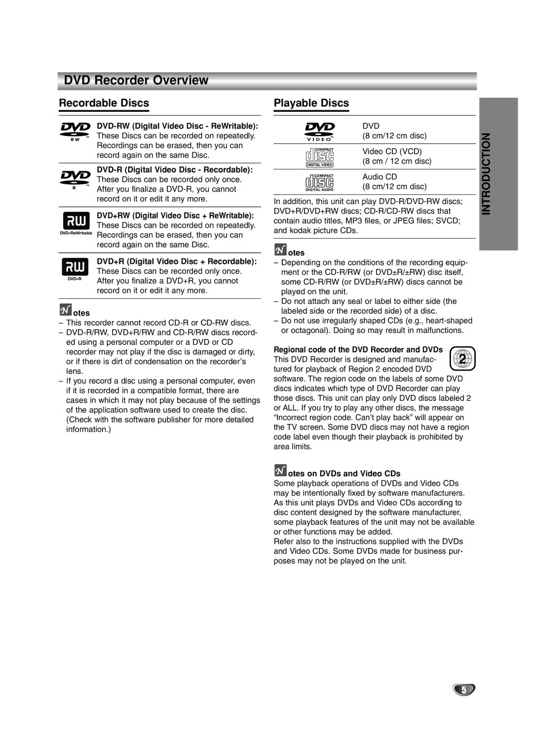 LG Electronics DR4912 DVD Recorder Overview, Recordable Discs, Playable Discs, Regional code of the DVD Recorder and DVDs 