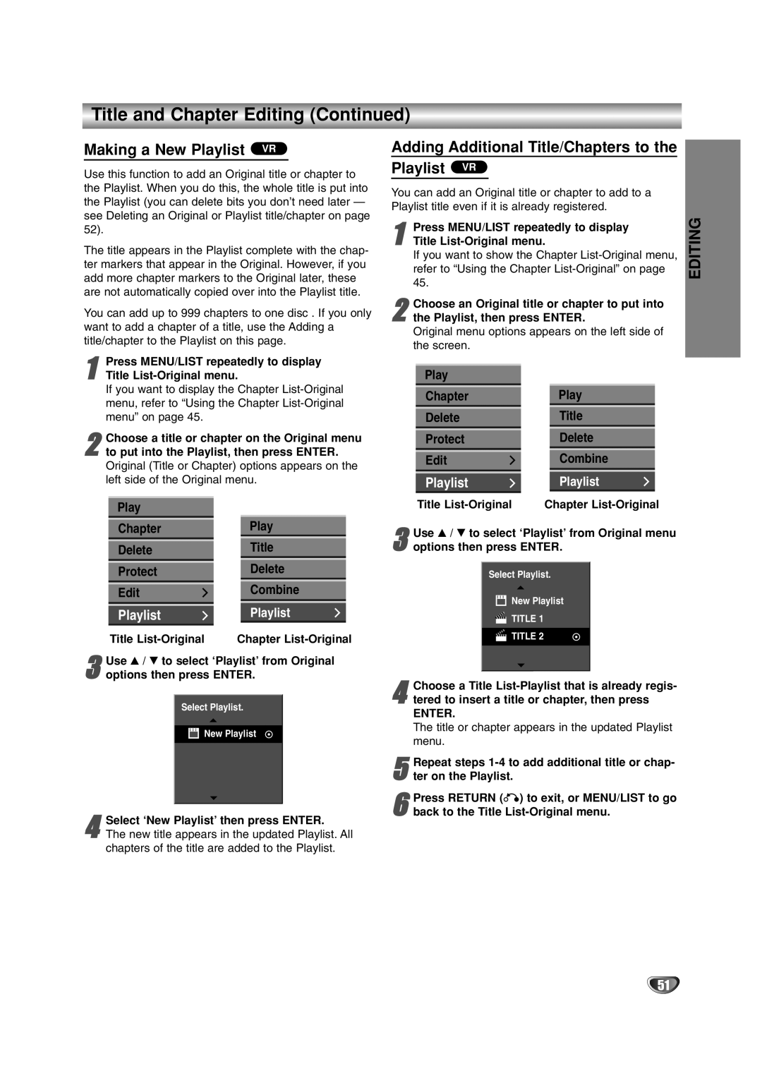 LG Electronics DR4912 owner manual Making a New Playlist VR, Adding Additional Title/Chapters to Playlist VR 