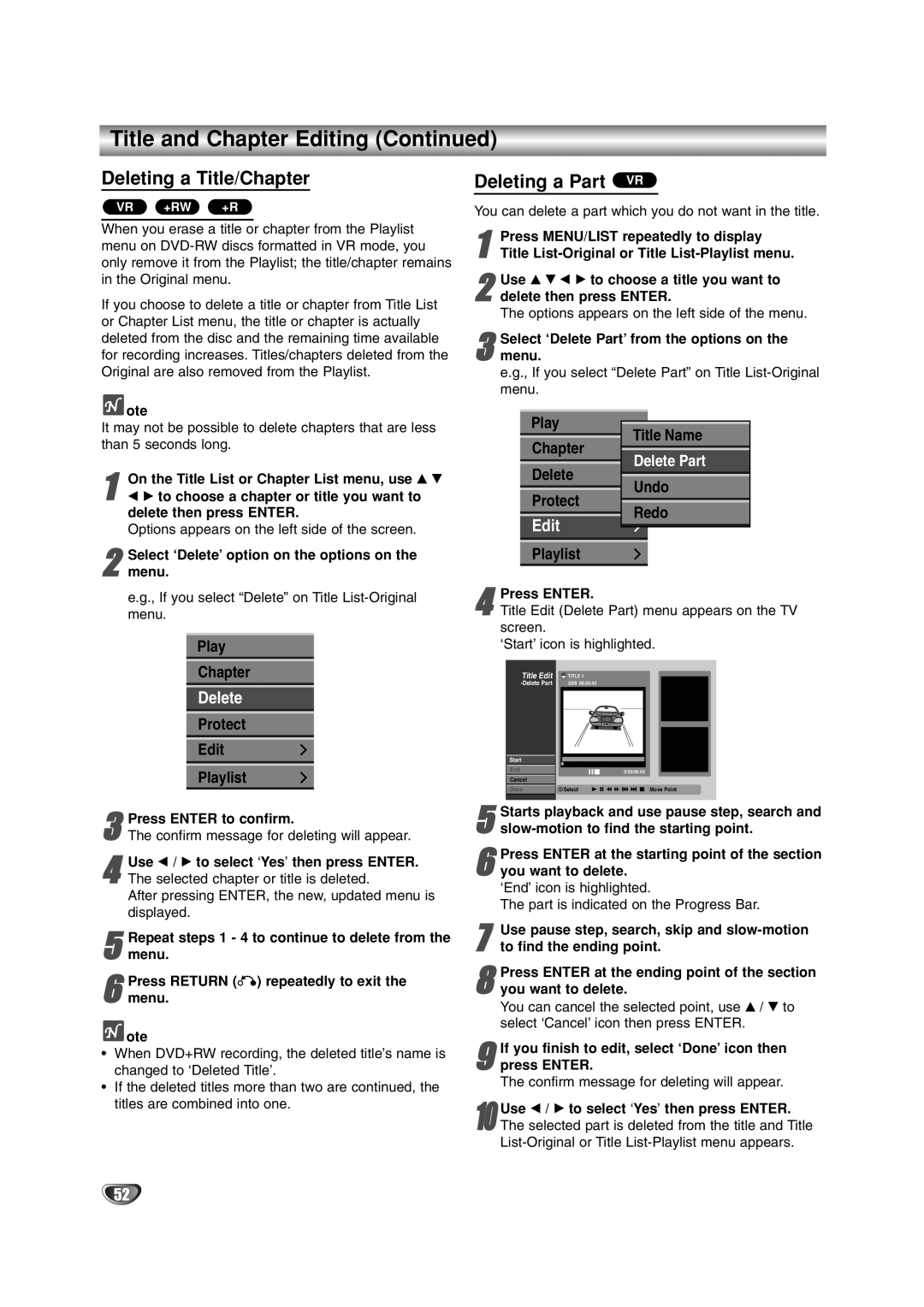 LG Electronics DR4912 owner manual Deleting a Title/Chapter, Deleting a Part VR 