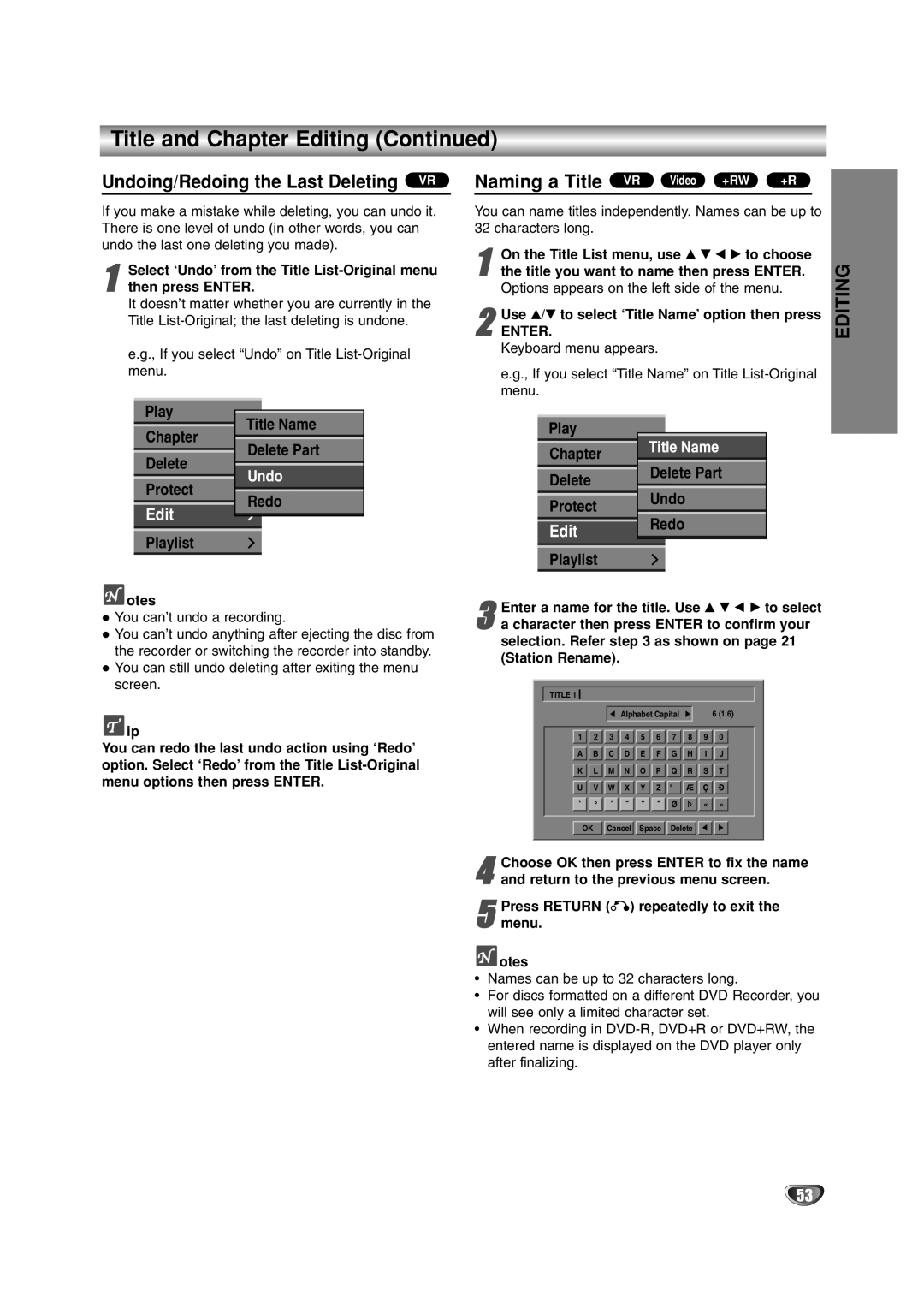 LG Electronics DR4912 owner manual Undoing/Redoing the Last Deleting VR, Naming a Title VR Video +RW +R, Protect Redo, Play 