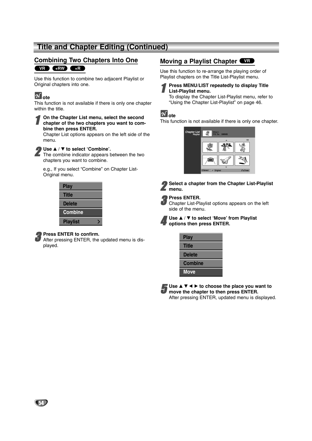 LG Electronics DR4912 owner manual Combining Two Chapters Into One, Moving a Playlist Chapter VR, Play Title Delete 