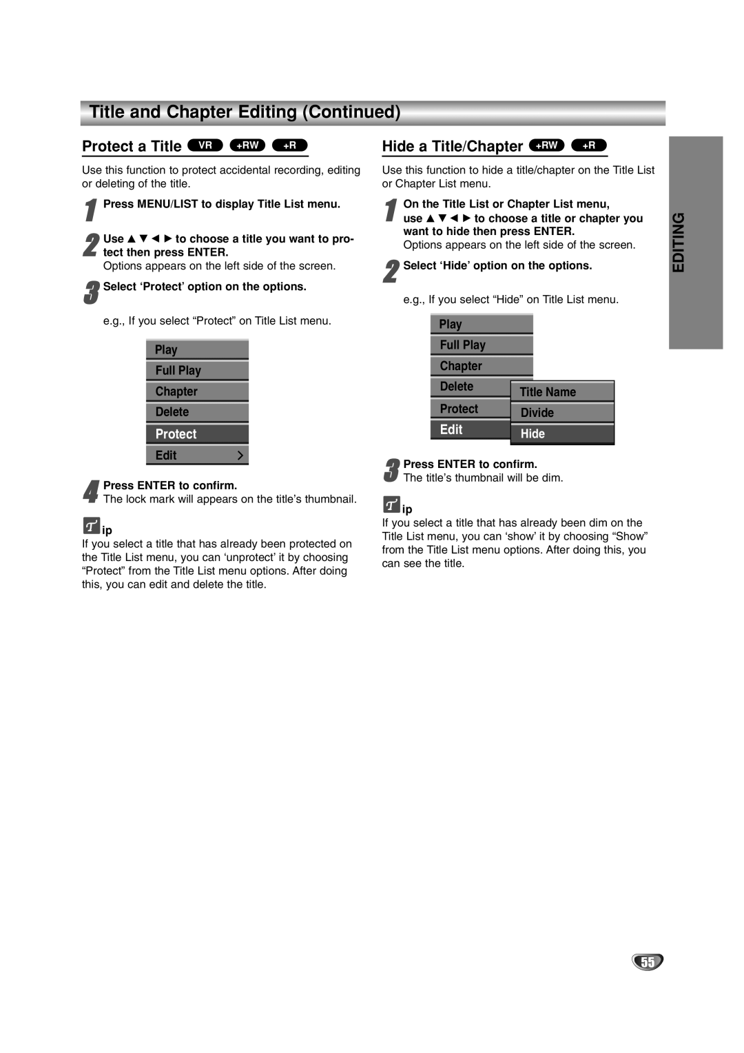 LG Electronics DR4912 Play Full Play Chapter Delete Title Name Protect Divide, Select ‘Protect’ option on the options 