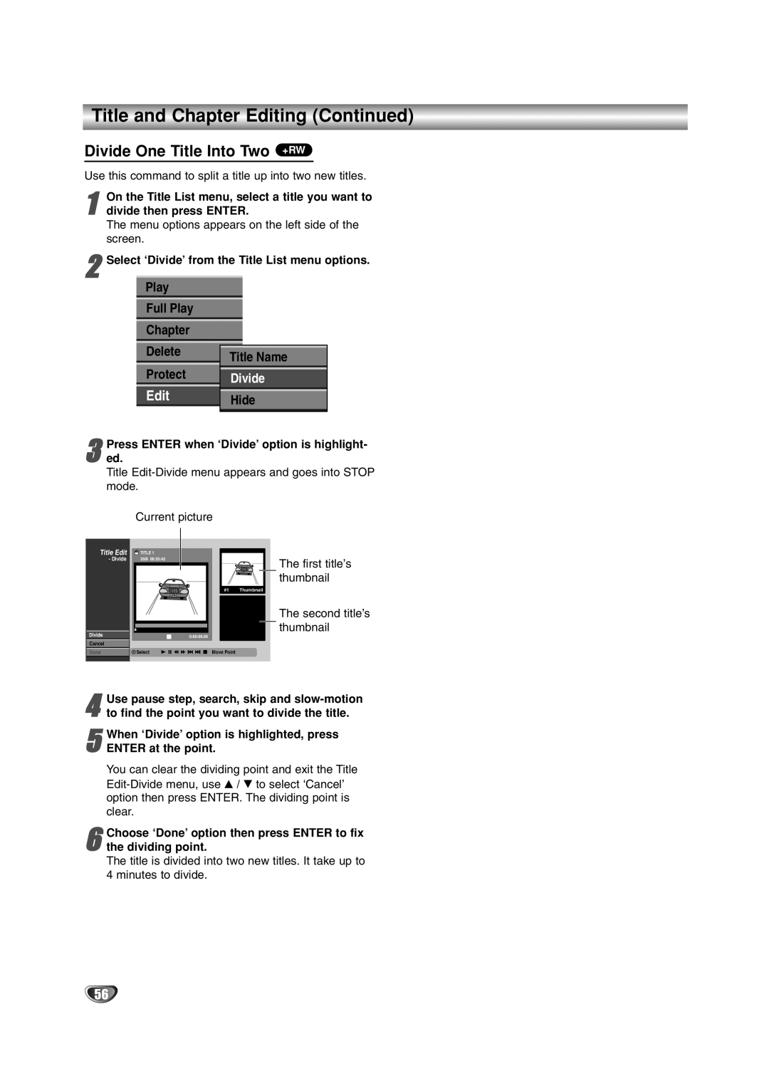 LG Electronics DR4912 owner manual Divide One Title Into Two +RW, Play Full Play Chapter Delete Protect, Dividing point 