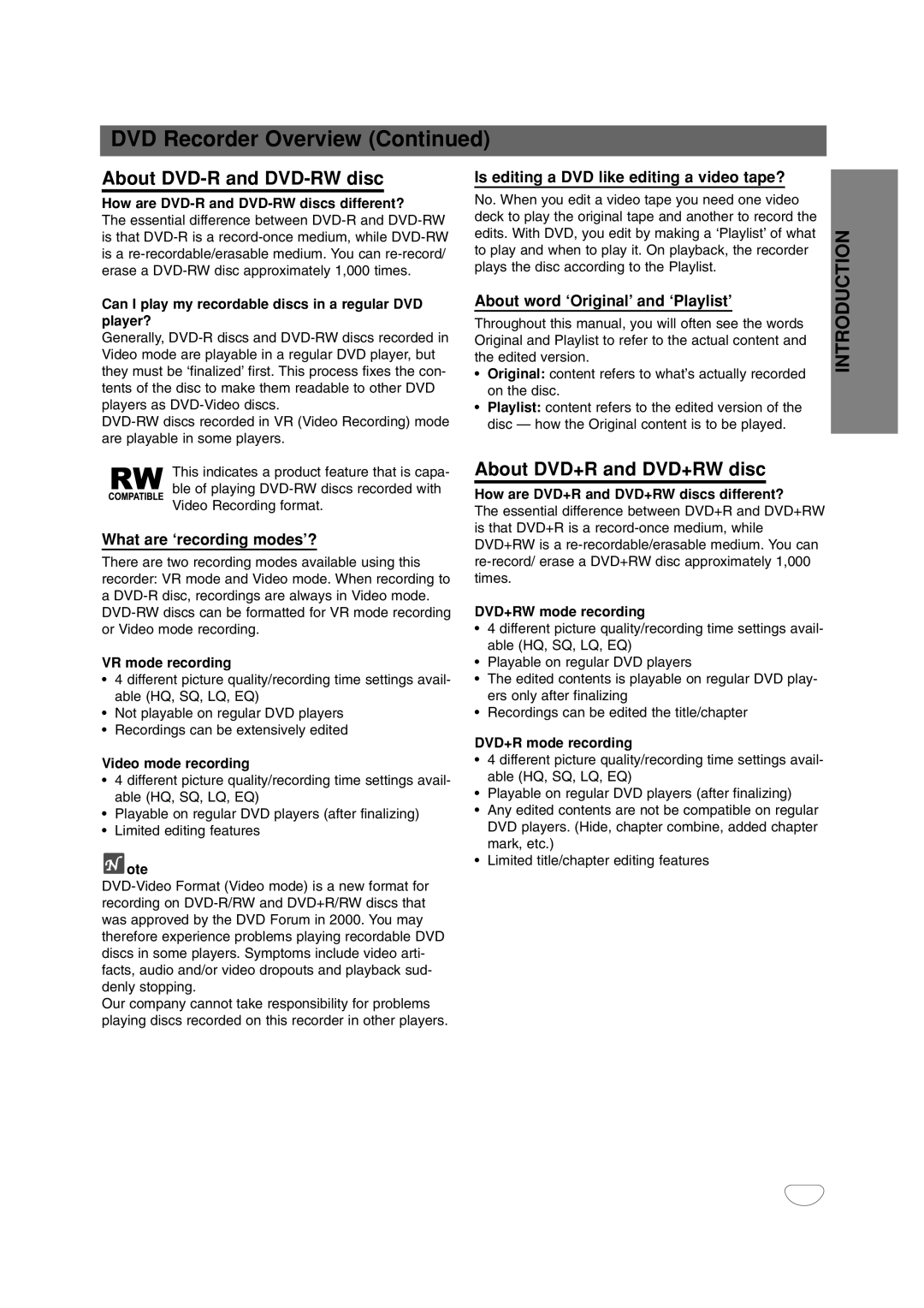 LG Electronics DR4912 owner manual About DVD-R and DVD-RW disc, About DVD+R and DVD+RW disc, What are ‘recording modes’? 