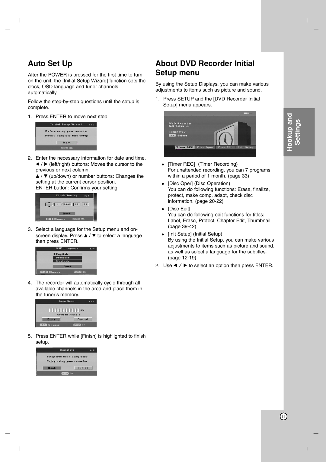 LG Electronics DR7400 owner manual Auto Set Up, About DVD Recorder Initial Setup menu 