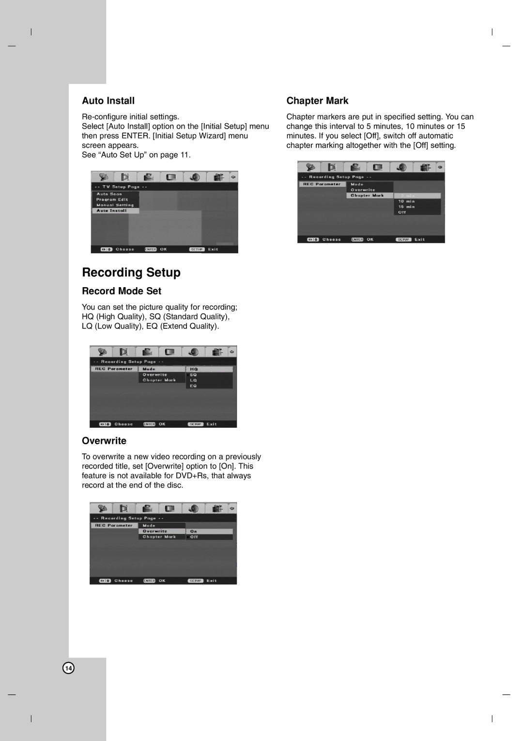 LG Electronics DR7400 owner manual Recording Setup, Auto Install, Record Mode Set, Overwrite, Chapter Mark 