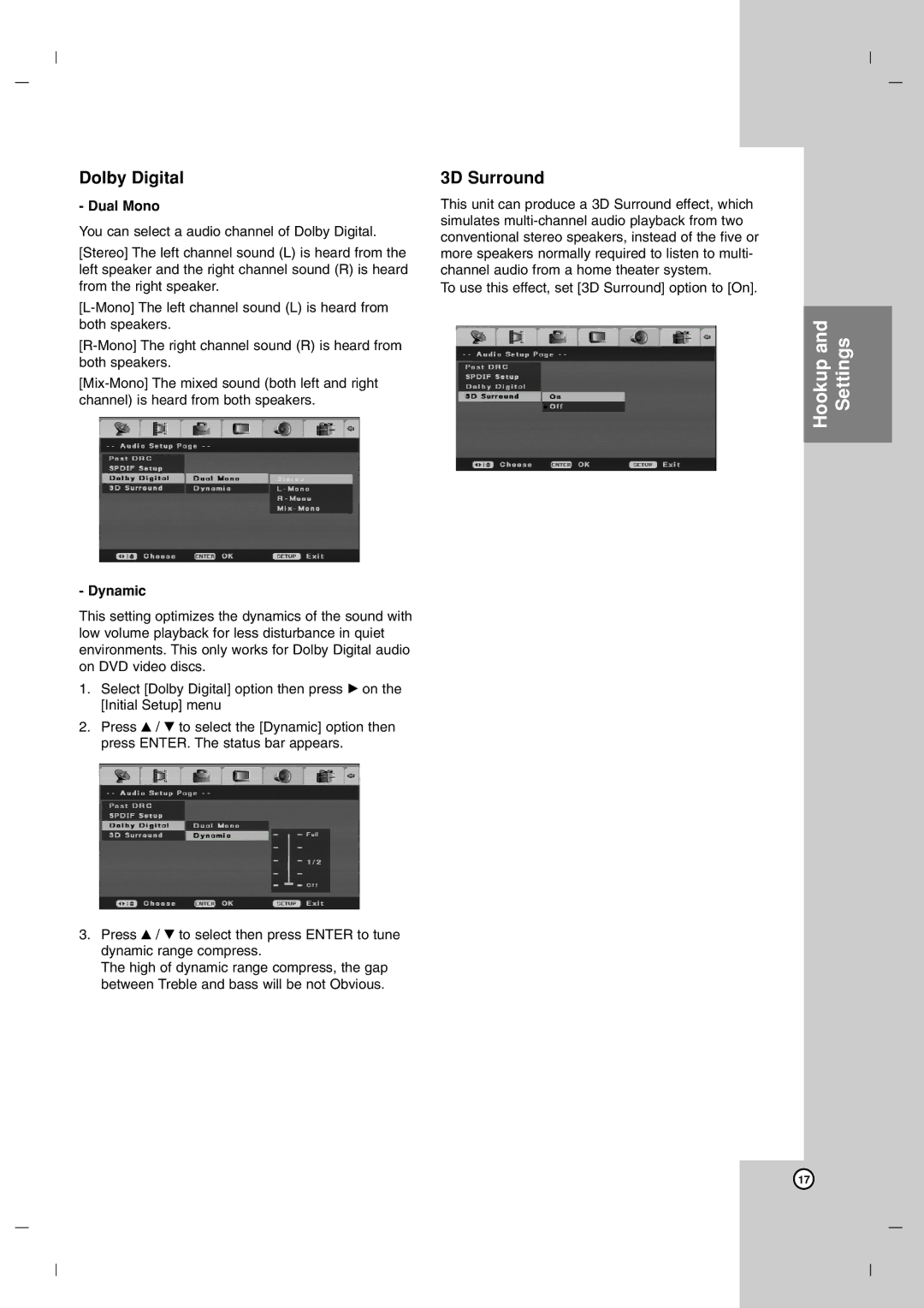 LG Electronics DR7400 owner manual Dolby Digital, 3D Surround, Dual Mono, Dynamic 