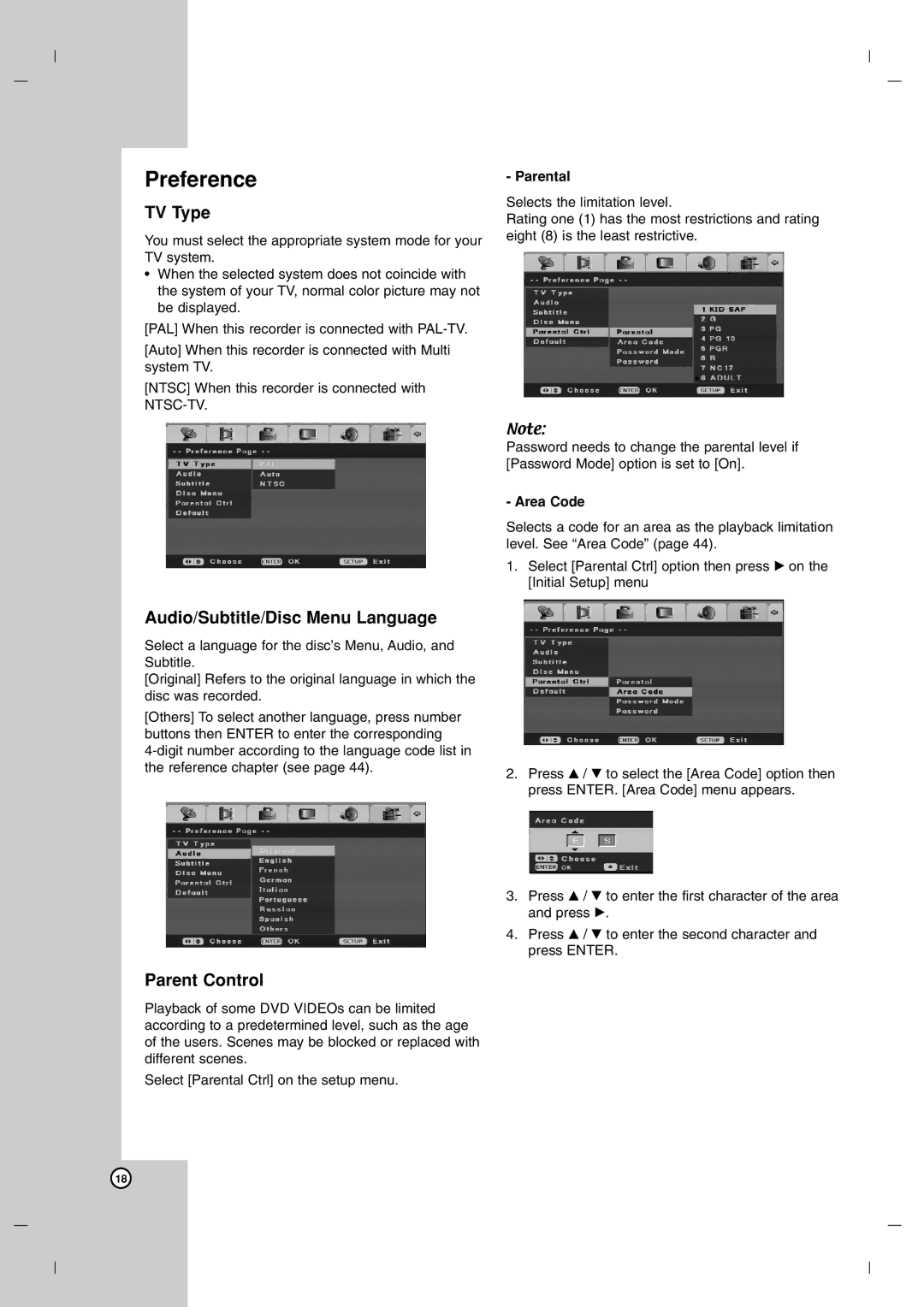 LG Electronics DR7400 owner manual Preference, TV Type, Audio/Subtitle/Disc Menu Language, Parent Control 