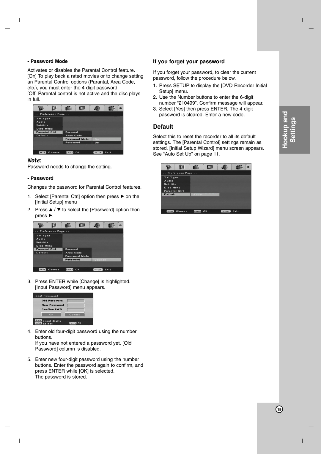 LG Electronics DR7400 owner manual Default, If you forget your password, Password Mode 