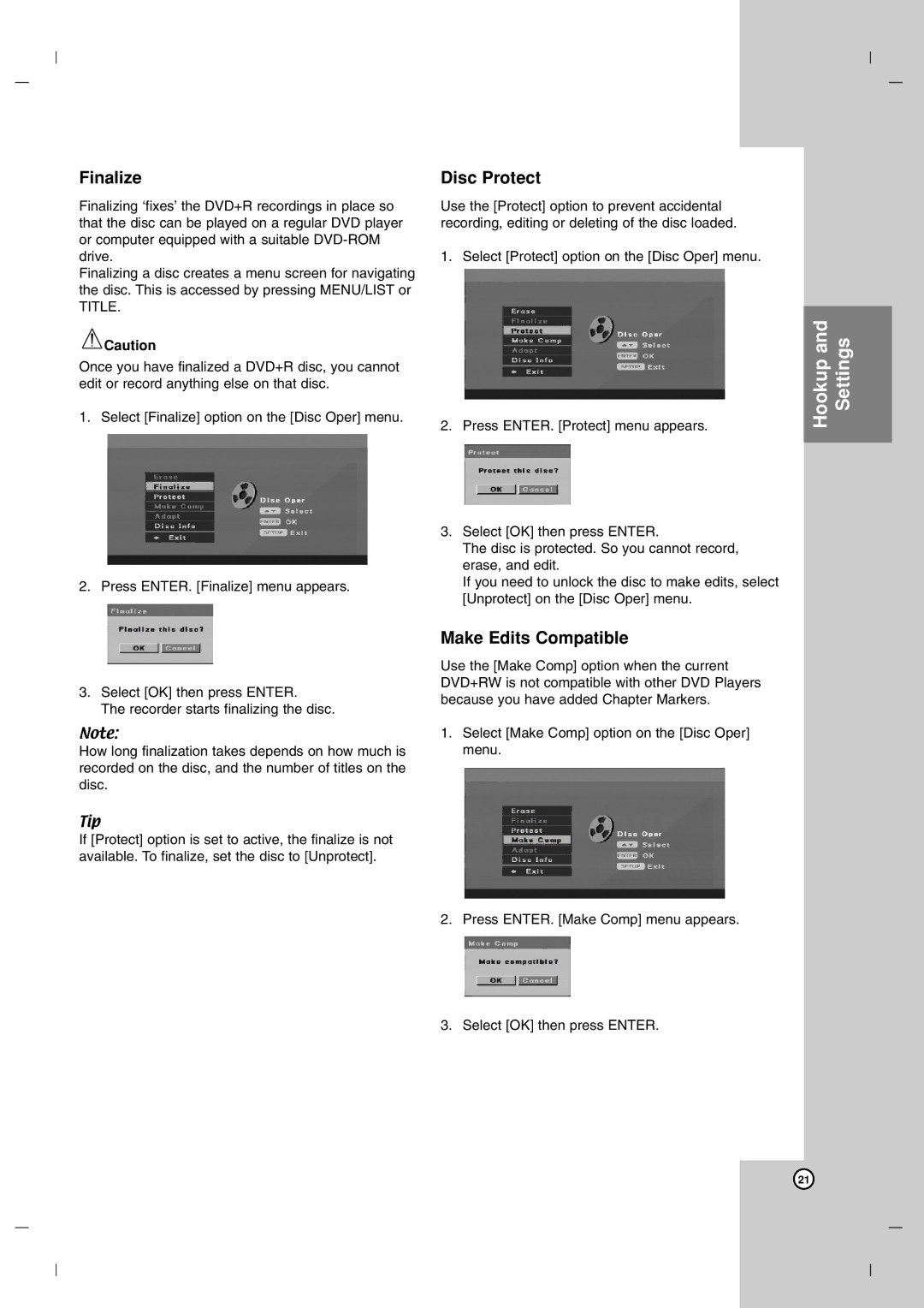 LG Electronics DR7400 owner manual Finalize, Disc Protect, Make Edits Compatible 