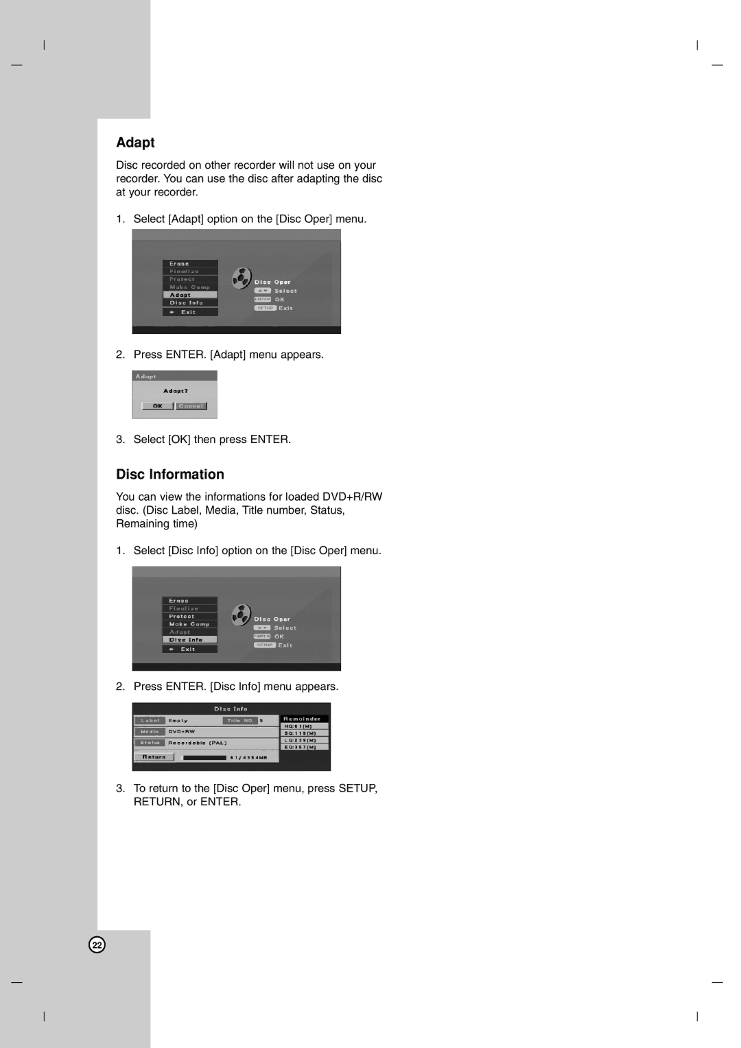 LG Electronics DR7400 owner manual Adapt, Disc Information 