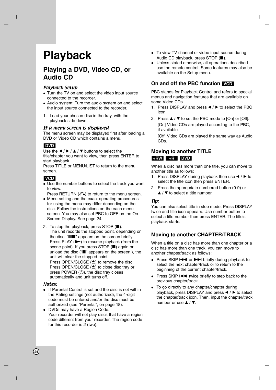 LG Electronics DR7400 owner manual Playback, Playing a DVD, Video CD, or Audio CD, On and off the PBC function VCD 