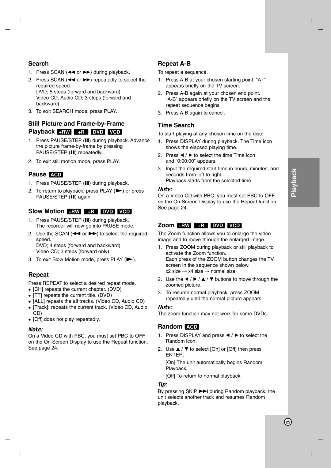 LG Electronics DR7400 owner manual Still Picture and Frame-by-Frame, Pause ACD, Repeat A-B, Time Search, Random ACD 