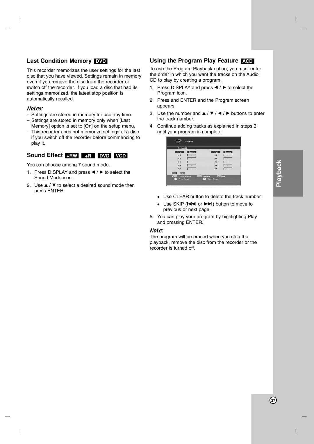 LG Electronics DR7400 owner manual Last Condition Memory DVD, Using the Program Play Feature ACD 