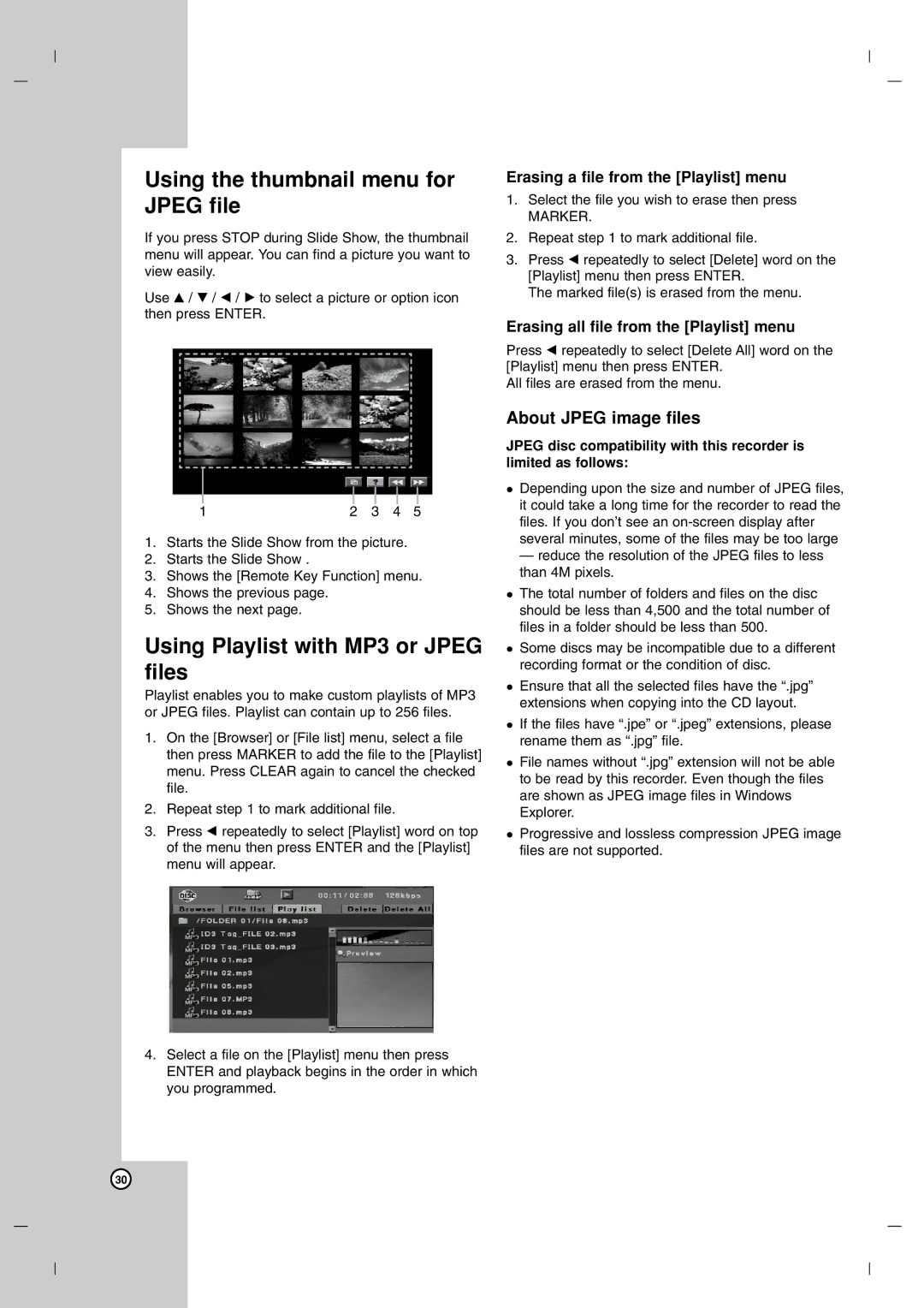 LG Electronics DR7400 owner manual Using the thumbnail menu for Jpeg file, Using Playlist with MP3 or Jpeg files 