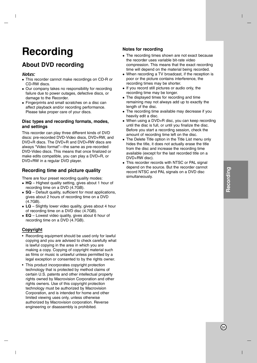 LG Electronics DR7400 owner manual About DVD recording, Recording time and picture quality, Copyright 