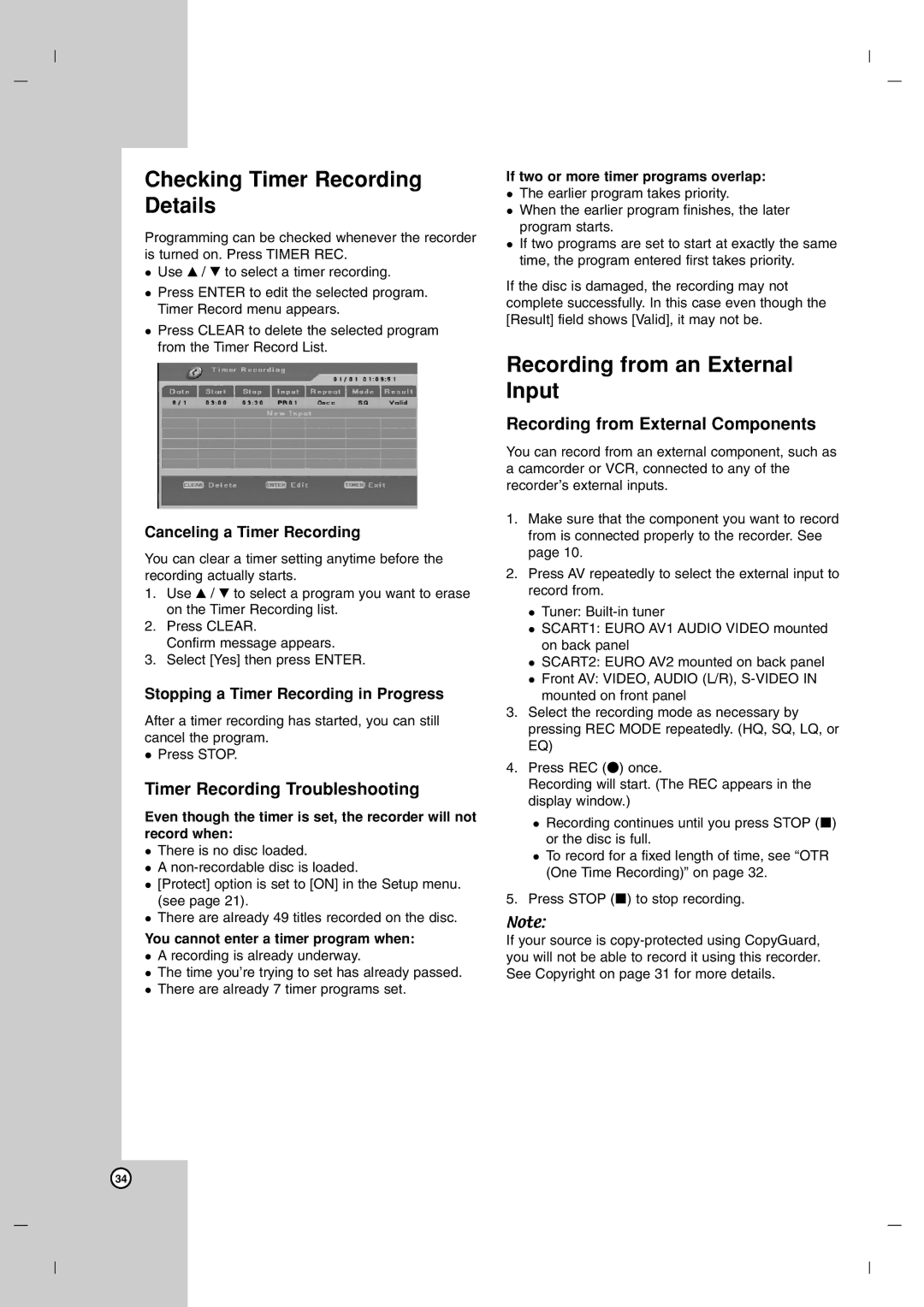 LG Electronics DR7400 Checking Timer Recording Details, Recording from an External Input, Timer Recording Troubleshooting 