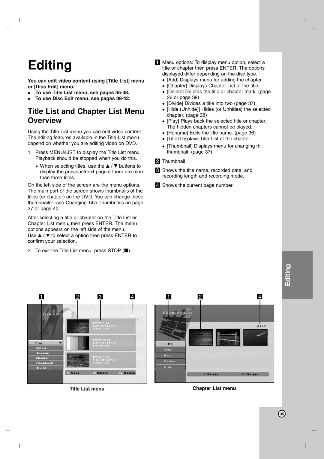 LG Electronics DR7400 owner manual Editing, Title List and Chapter List Menu Overview, Title List menu, Chapter List menu 