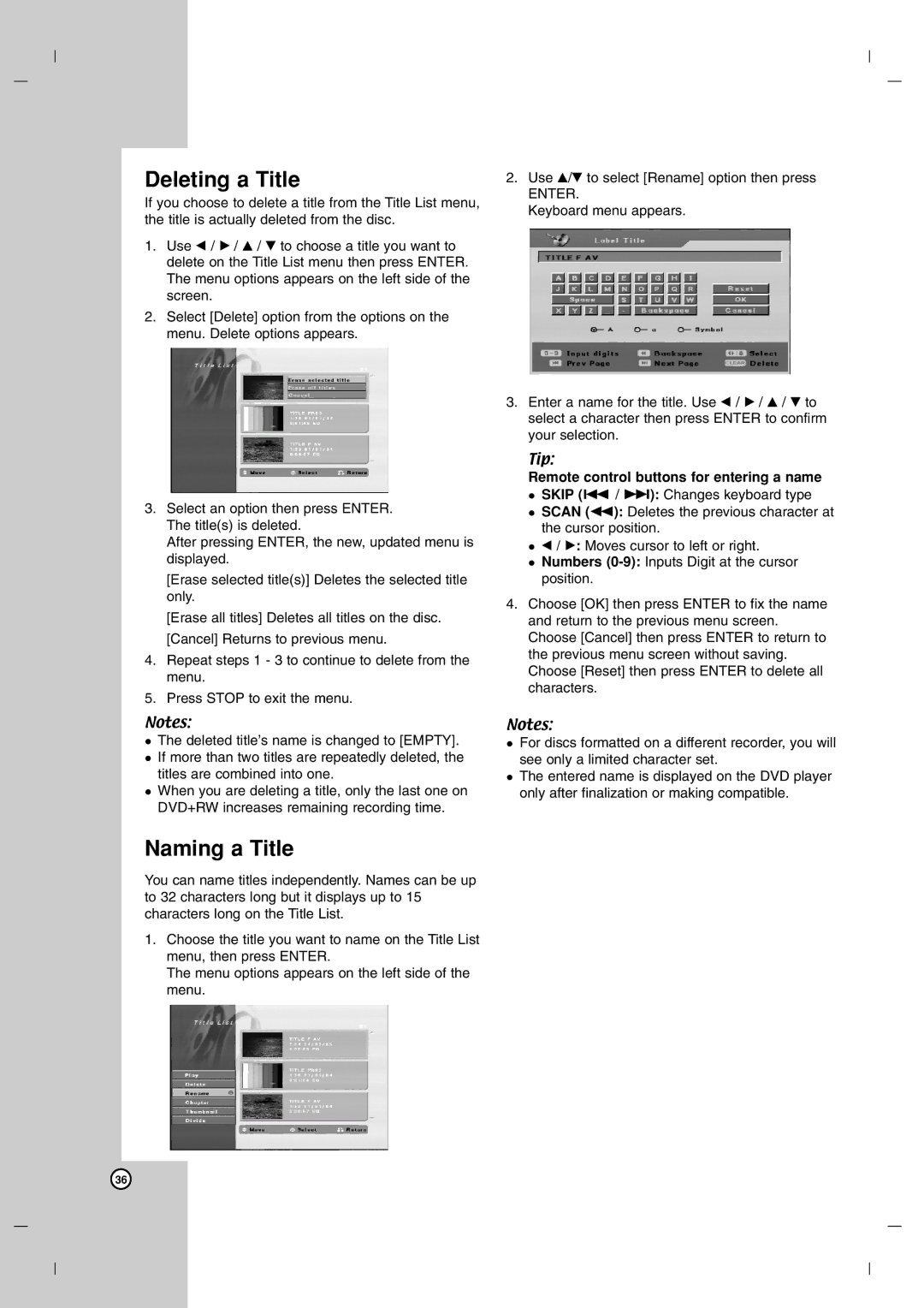 LG Electronics DR7400 owner manual Deleting a Title, Naming a Title 