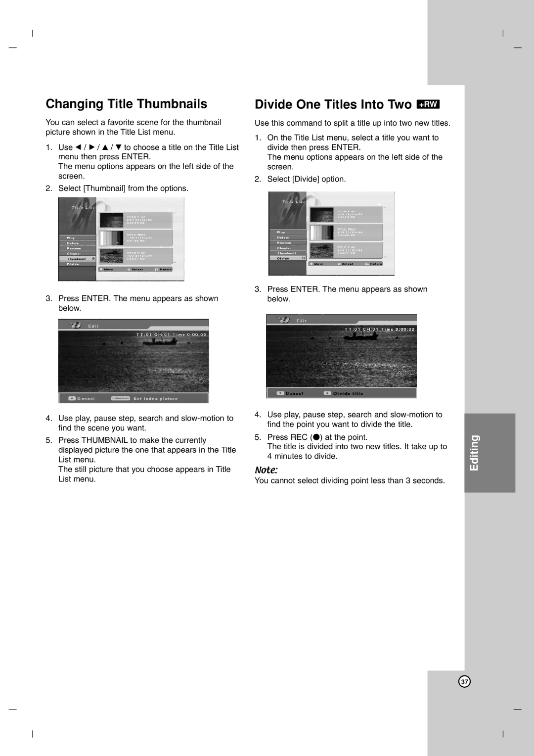 LG Electronics DR7400 owner manual Changing Title Thumbnails, Divide One Titles Into Two +RW 