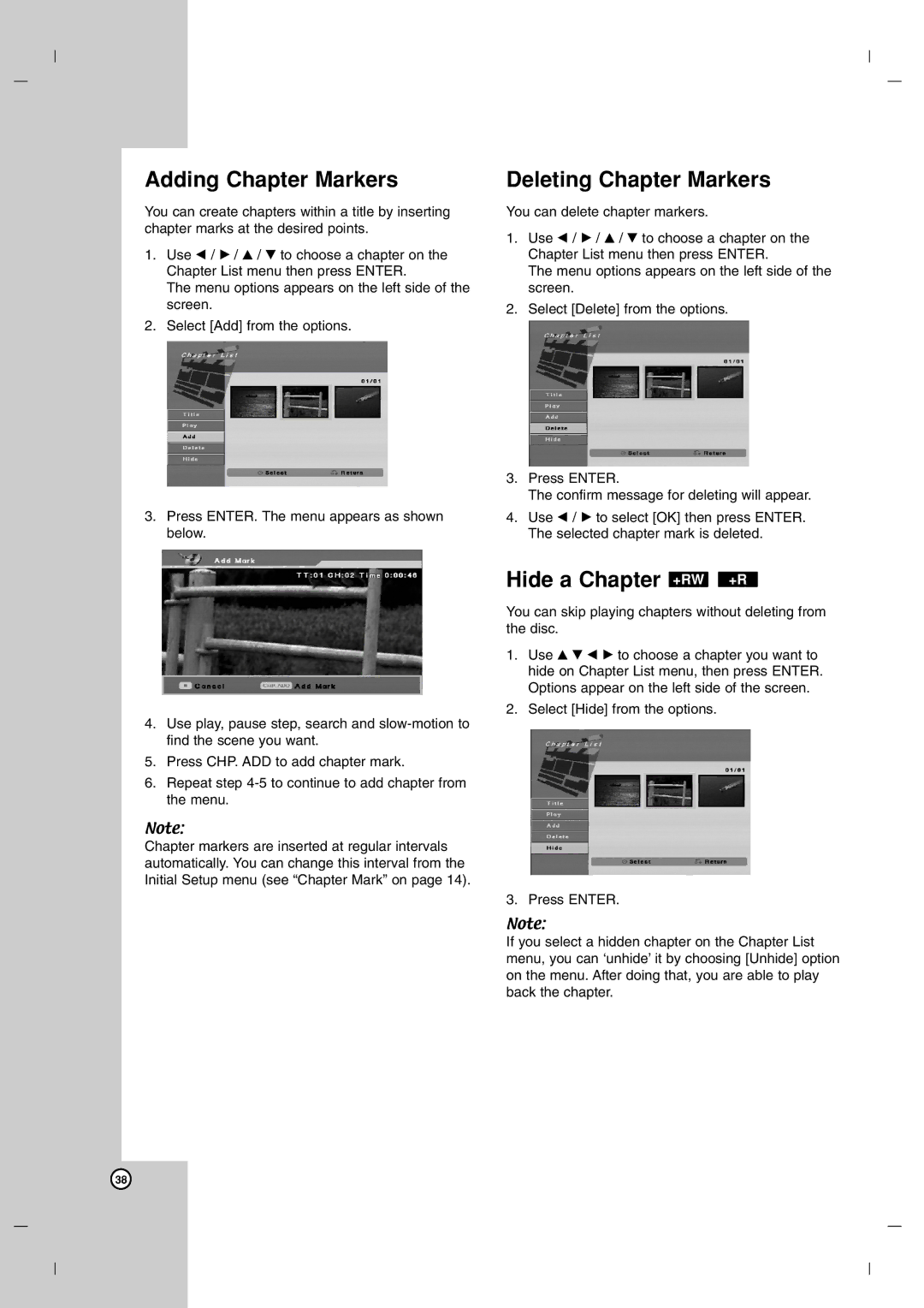 LG Electronics DR7400 owner manual Adding Chapter Markers, Deleting Chapter Markers, Hide a Chapter +RW +R 