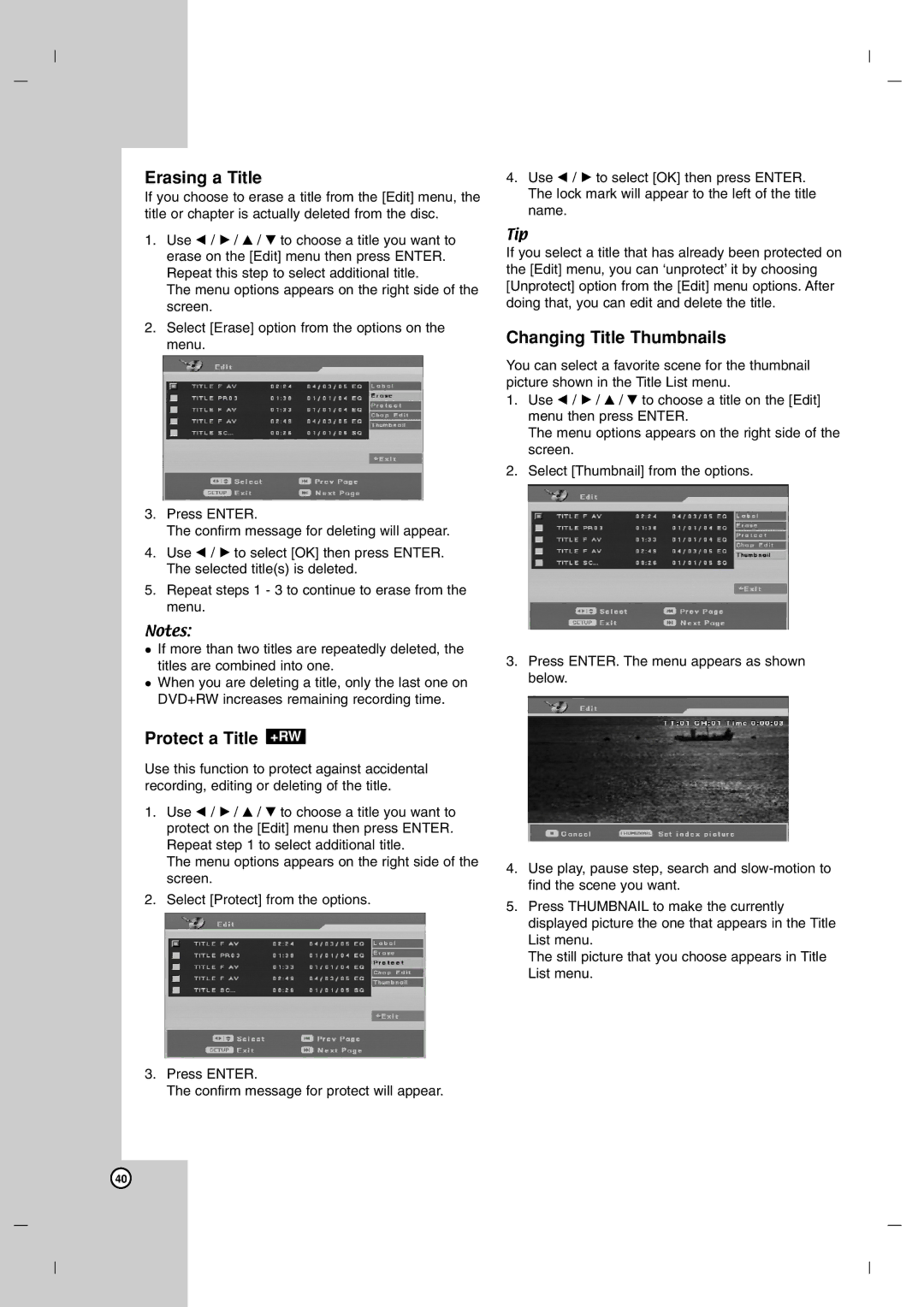 LG Electronics DR7400 owner manual Erasing a Title, Protect a Title +RW, Changing Title Thumbnails 