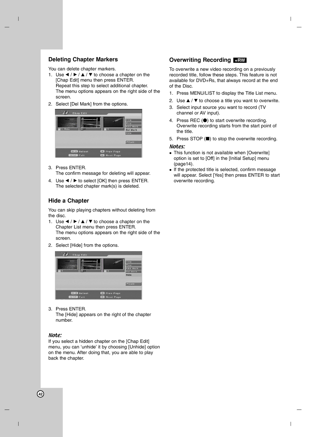 LG Electronics DR7400 owner manual Deleting Chapter Markers, Hide a Chapter, Overwriting Recording +RW 