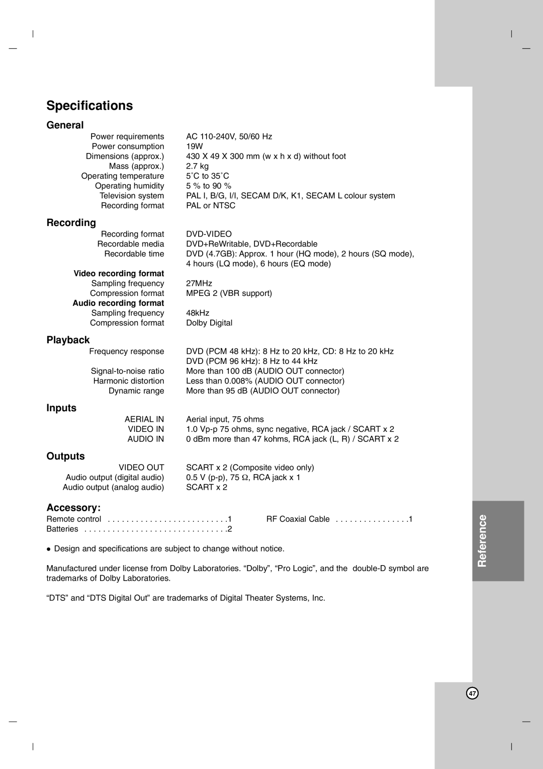 LG Electronics DR7400 owner manual Specifications 